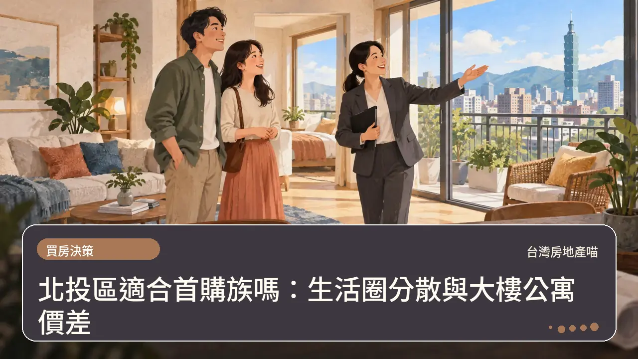 北投區適合首購族嗎:生活圈分散與大樓公寓價差主題插畫