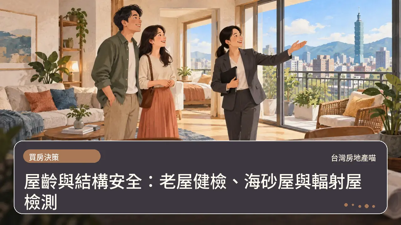 屋齡與結構安全：老屋健檢、海砂屋與輻射屋檢測主題插畫