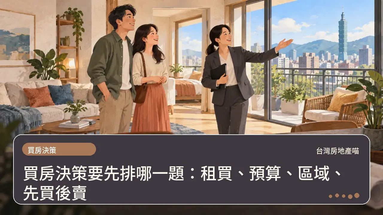 買房決策要先排哪一題：租買、預算、區域、先買後賣主題插畫