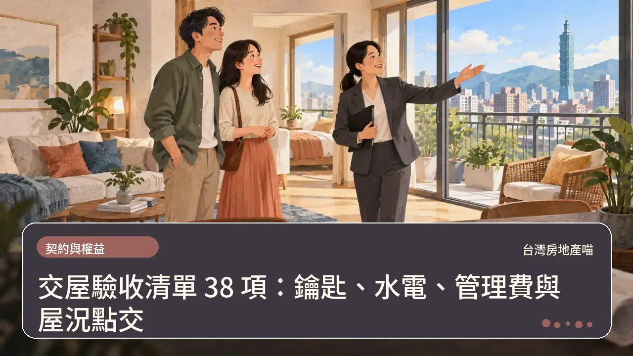 交屋驗收清單 38 項：鑰匙、水電、管理費與屋況點交主題插畫