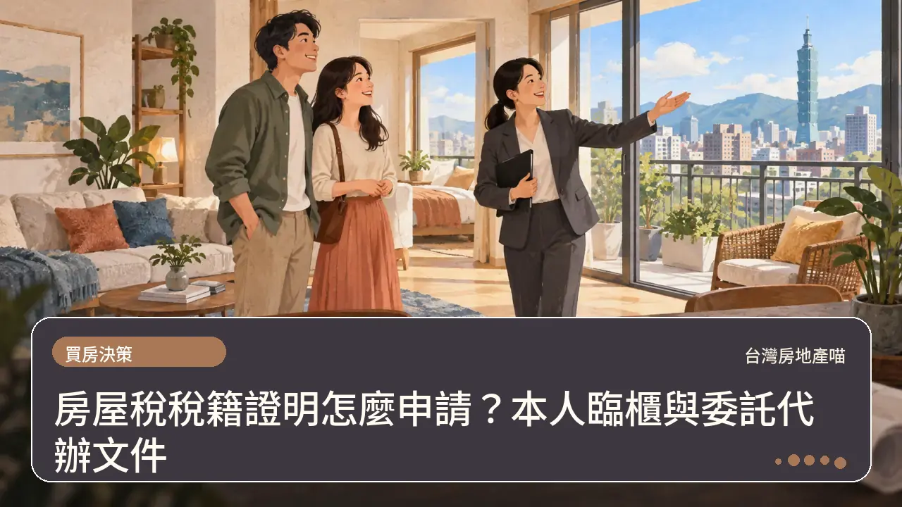 房屋稅稅籍證明怎麼申請?本人臨櫃與委託代辦文件主題插畫
