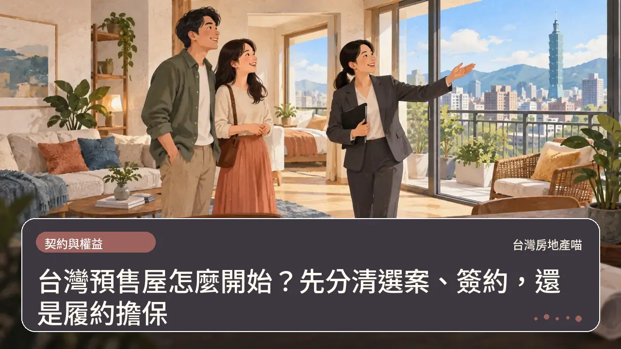台灣預售屋怎麼開始？先分清選案、簽約，還是履約擔保主題插畫