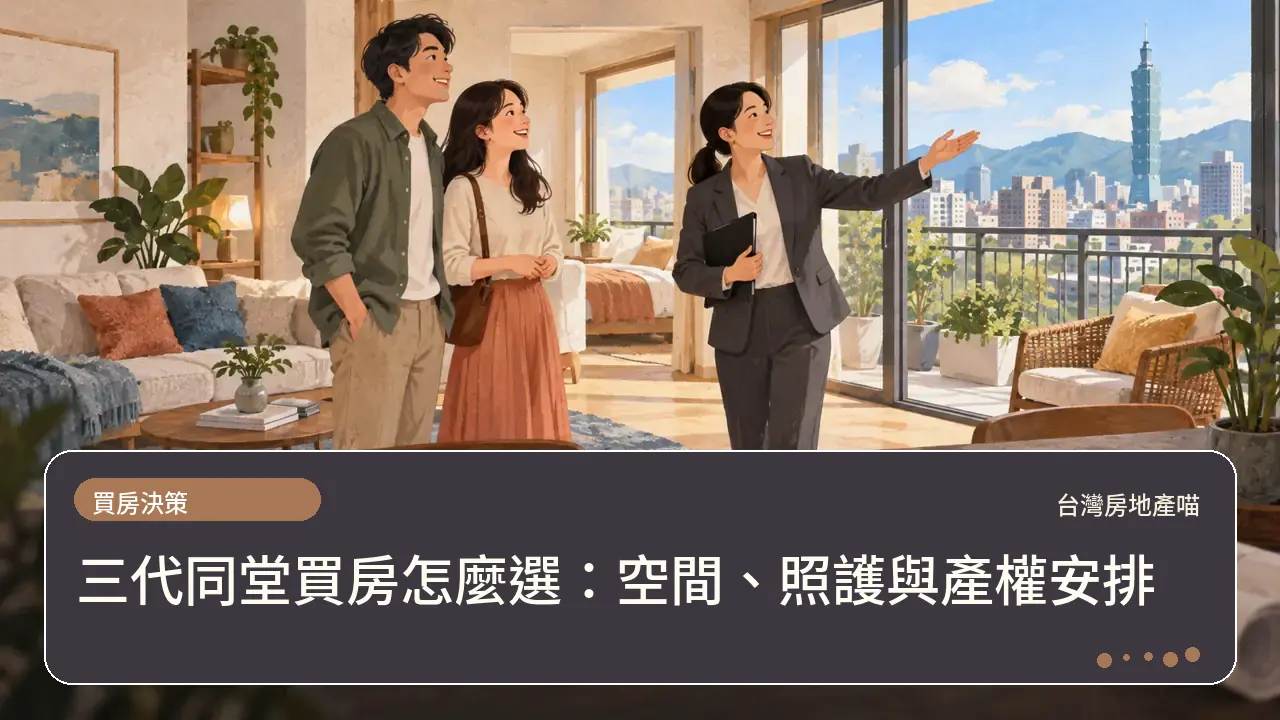 三代同堂買房怎麼選：空間、照護與產權安排主題插畫