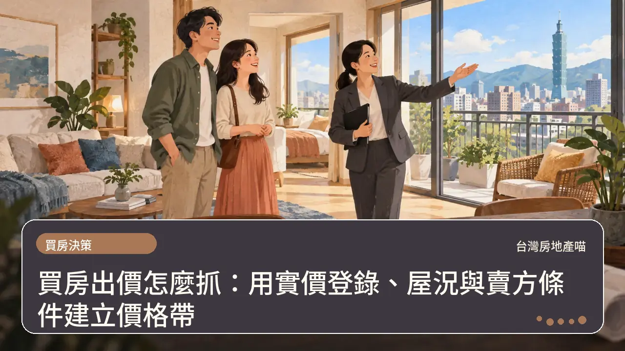 買房出價怎麼抓：用實價登錄、屋況與賣方條件建立價格帶主題插畫