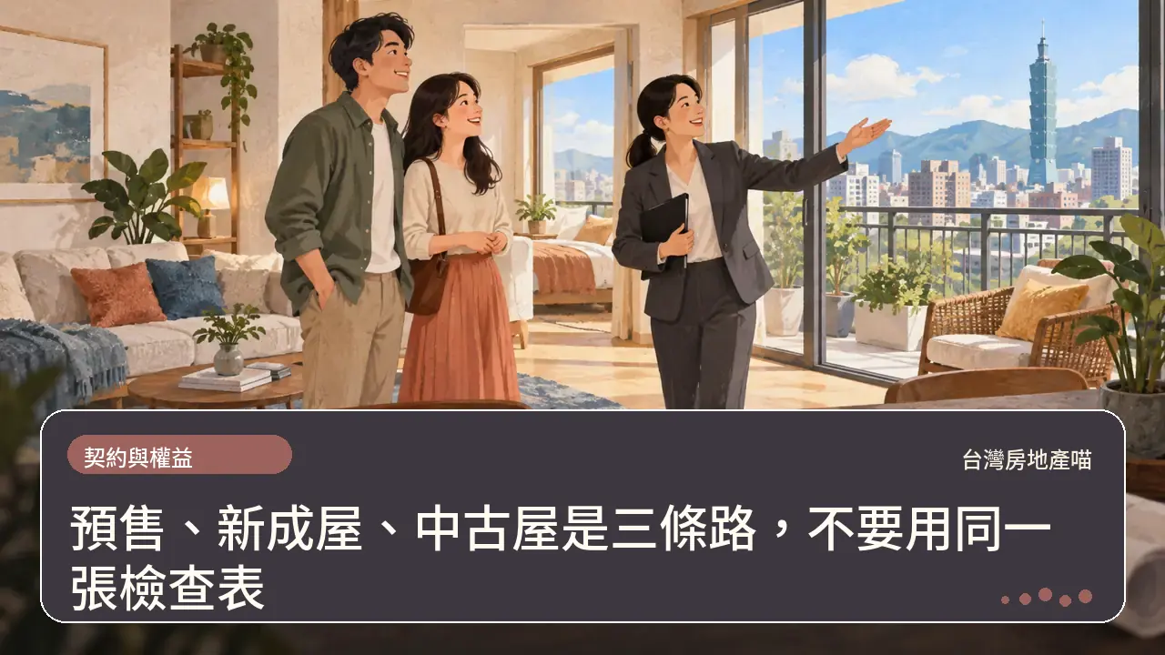 預售、新成屋、中古屋是三條路，不要用同一張檢查表主題插畫