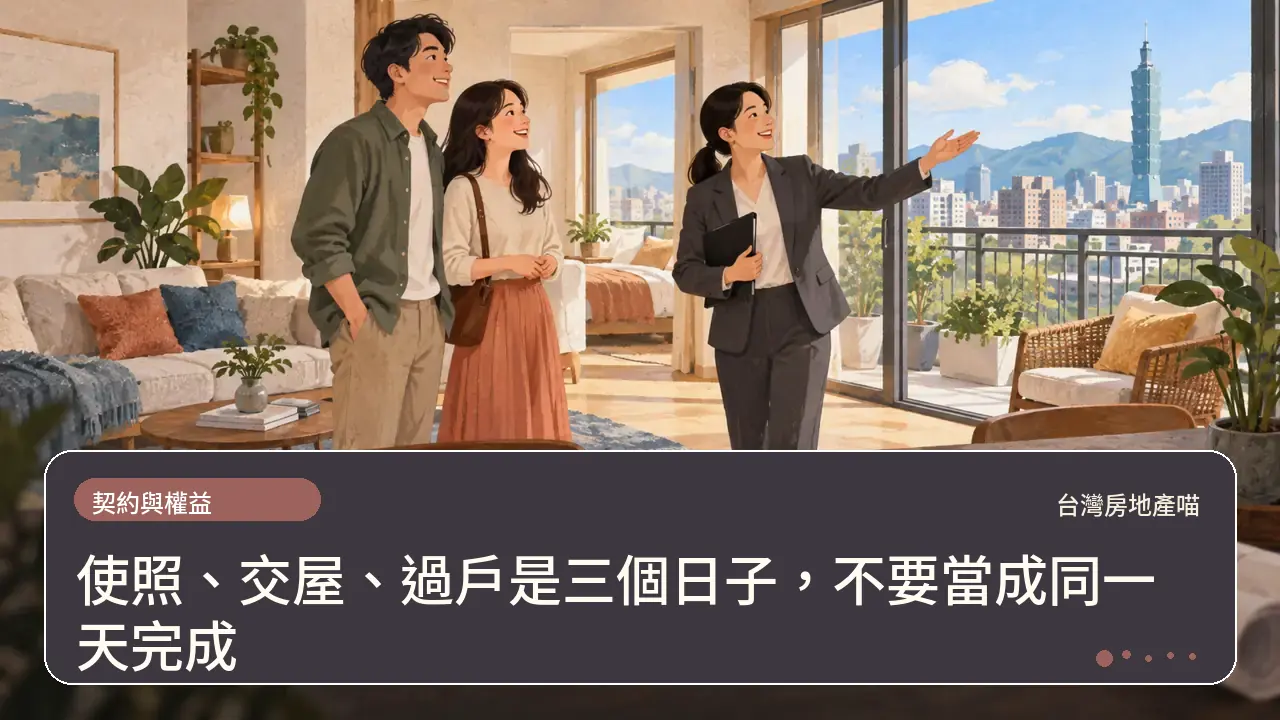 使照、交屋、過戶是三個日子，不要當成同一天完成主題插畫