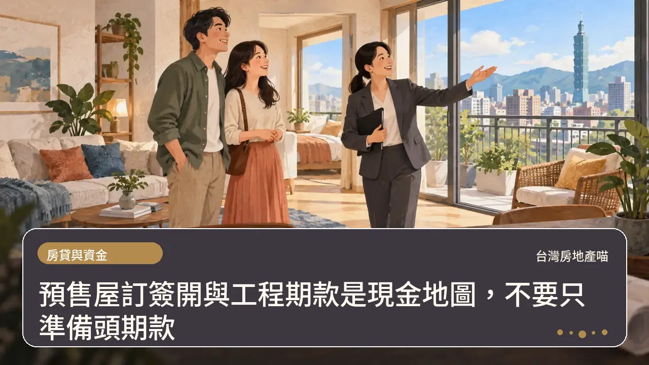 預售屋訂簽開與工程期款是現金地圖，不要只準備頭期款主題插畫