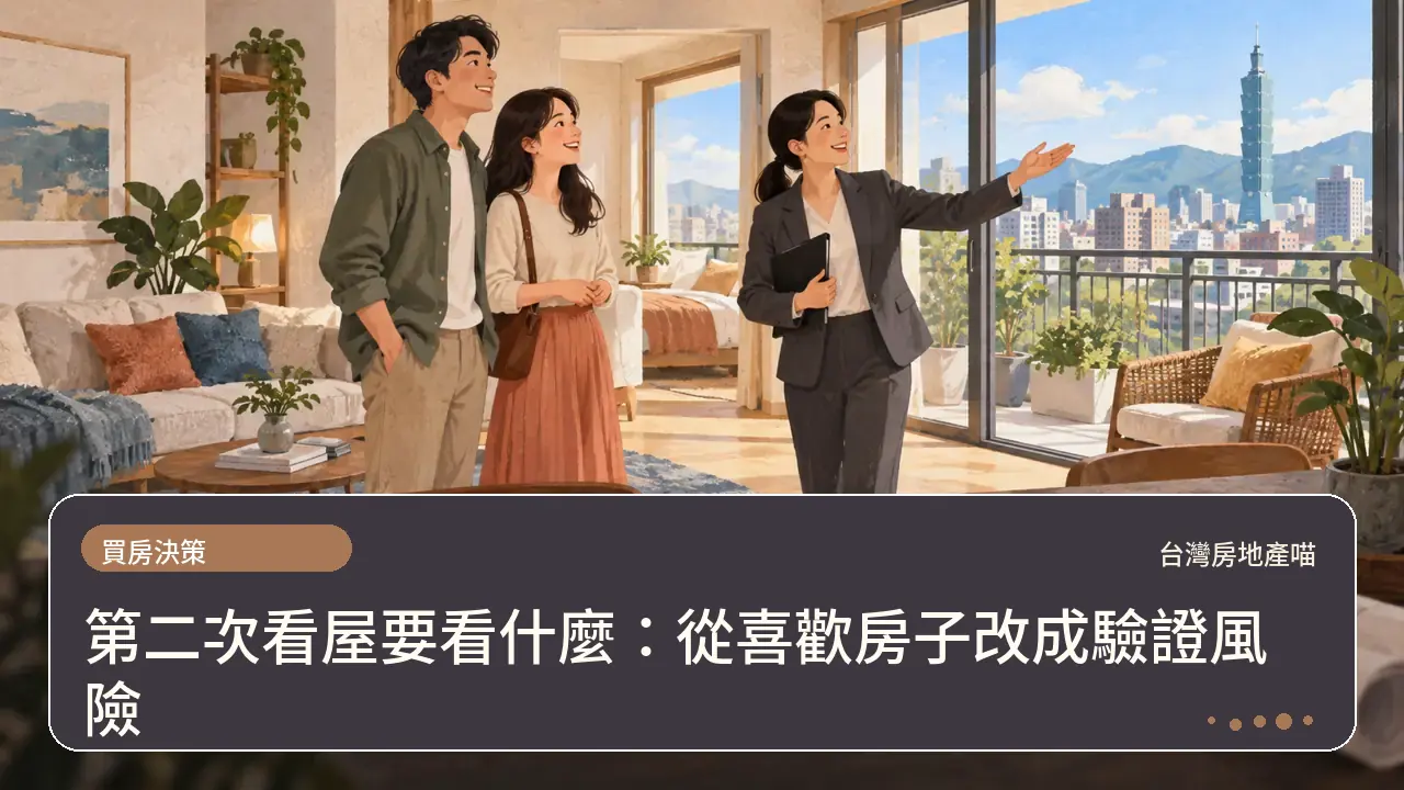 第二次看屋要看什麼：從喜歡房子改成驗證風險主題插畫