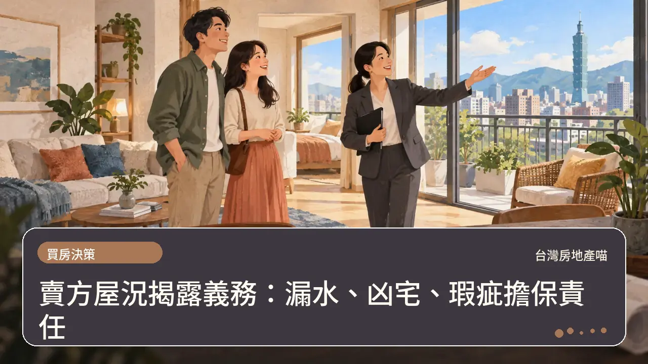 賣方屋況揭露義務：漏水、凶宅、瑕疵擔保責任主題插畫